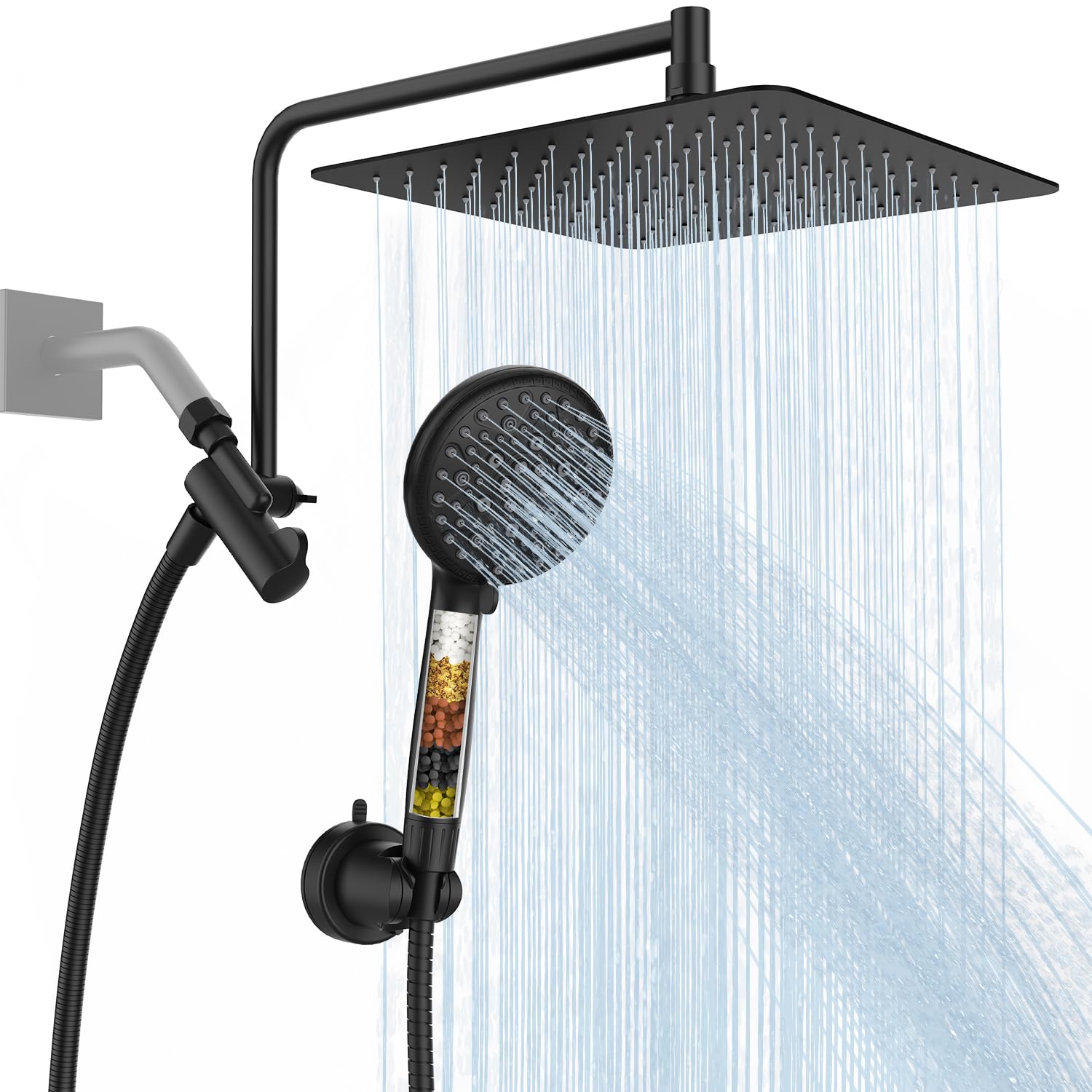 Holispa Shower Heads with Handheld Spray Combo, 10" Rain Shower Head with Handheld, 12" Extension Arm with 3-Way Diverter, Handheld Shower Head with Filter, 59" Stainless Steel Hose, Matte Black