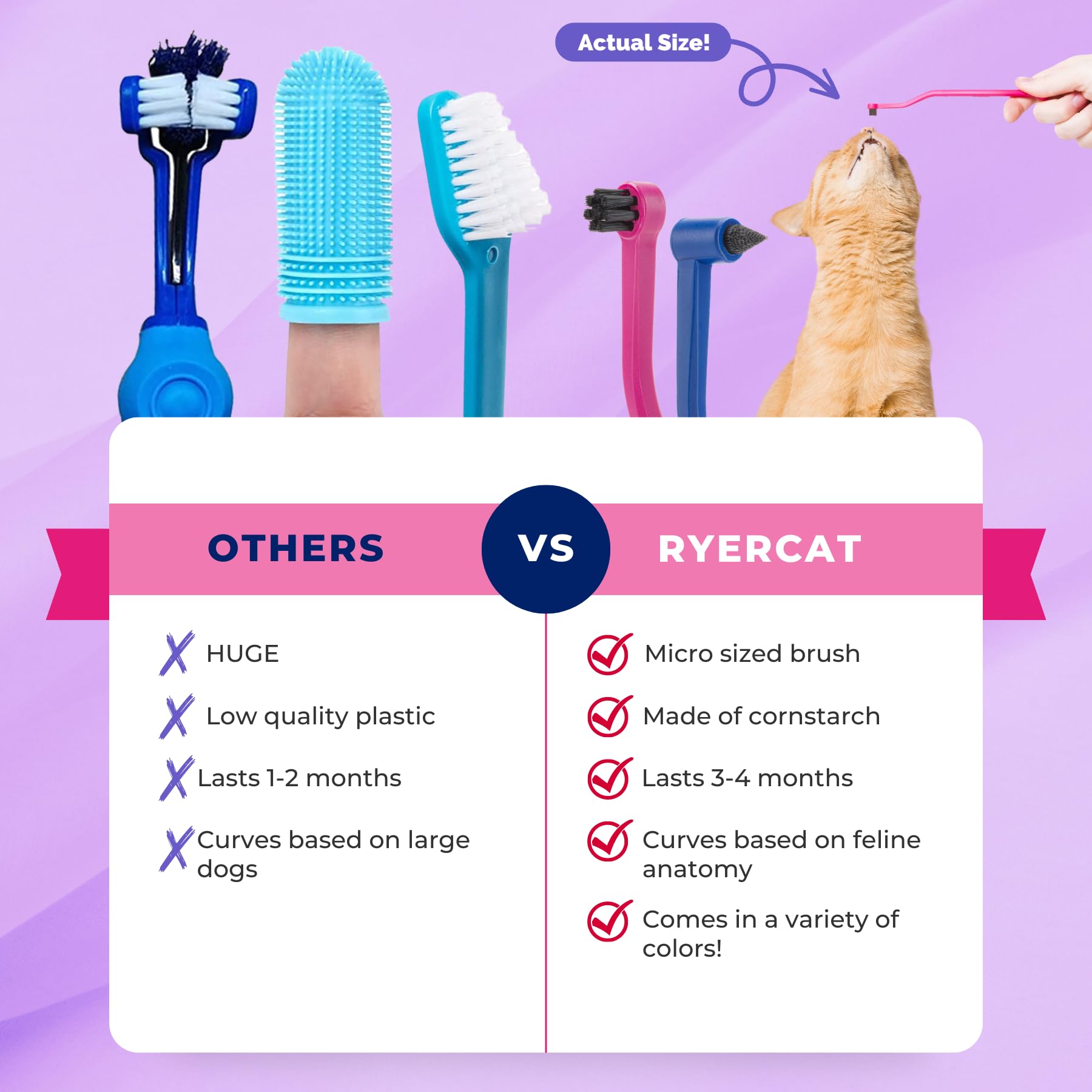 RYERCAT Set of Dual Sided Cat Toothbrushes - Kitten Toothbrush with Micro Head to fit into Kittens Mouth - Cat Dental Care Supplies Pet Toothbrush for Cats (Flamingo Pink and Space Blue)