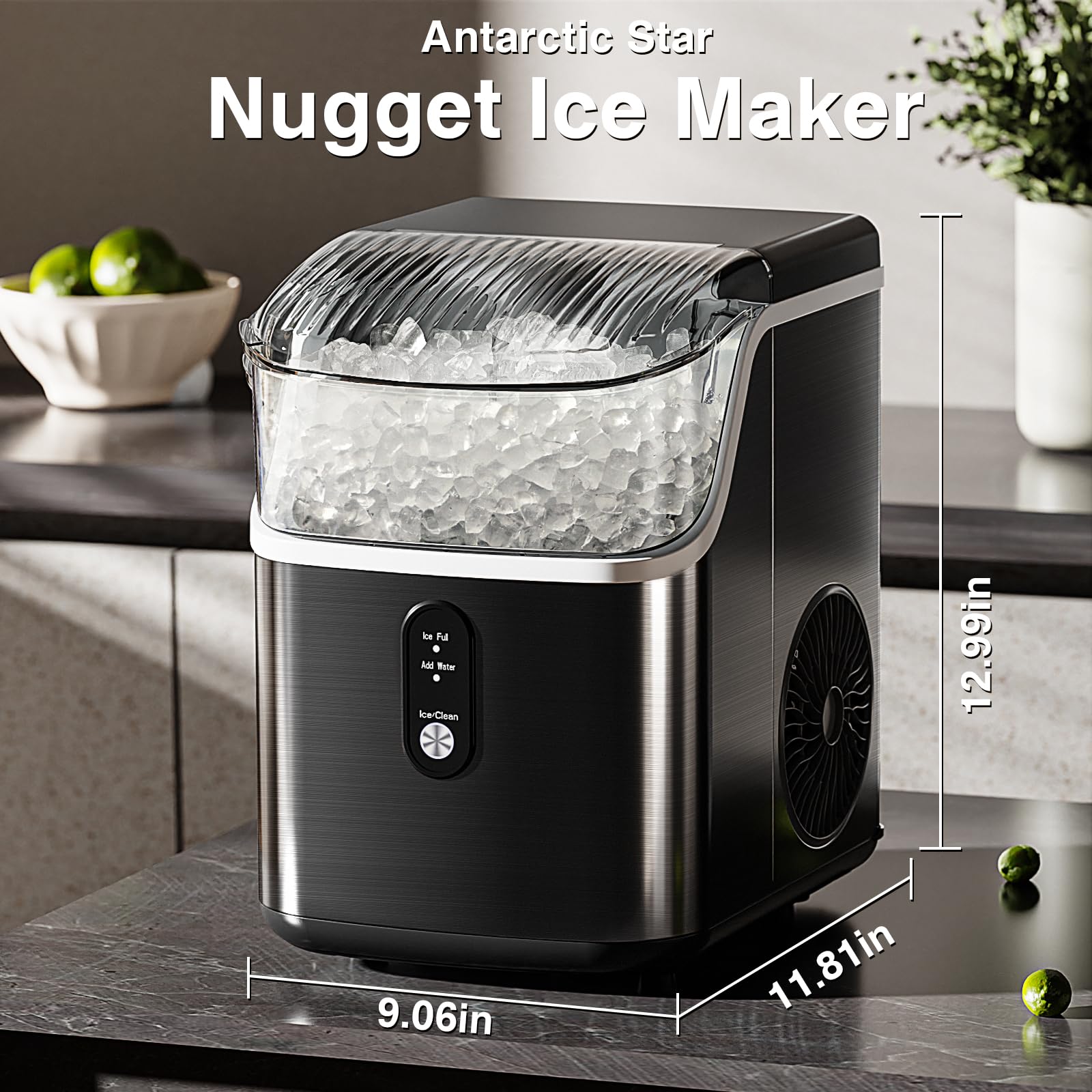 Nugget Ice Makers Countertop, Pebble Ice Machine with Chewable Pellet Ice, 34Lbs/24H, Self-Cleaning, Sonic Ice, One-Click Operation, for Kitchen,Office Stainless Steel Black