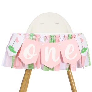 golf 1st birthday decorations for girls - hole in one high chair banner,sports themed first birthday photo props,golf pink green ribbon one banner,baby girl smash cake backdrop highchair banner