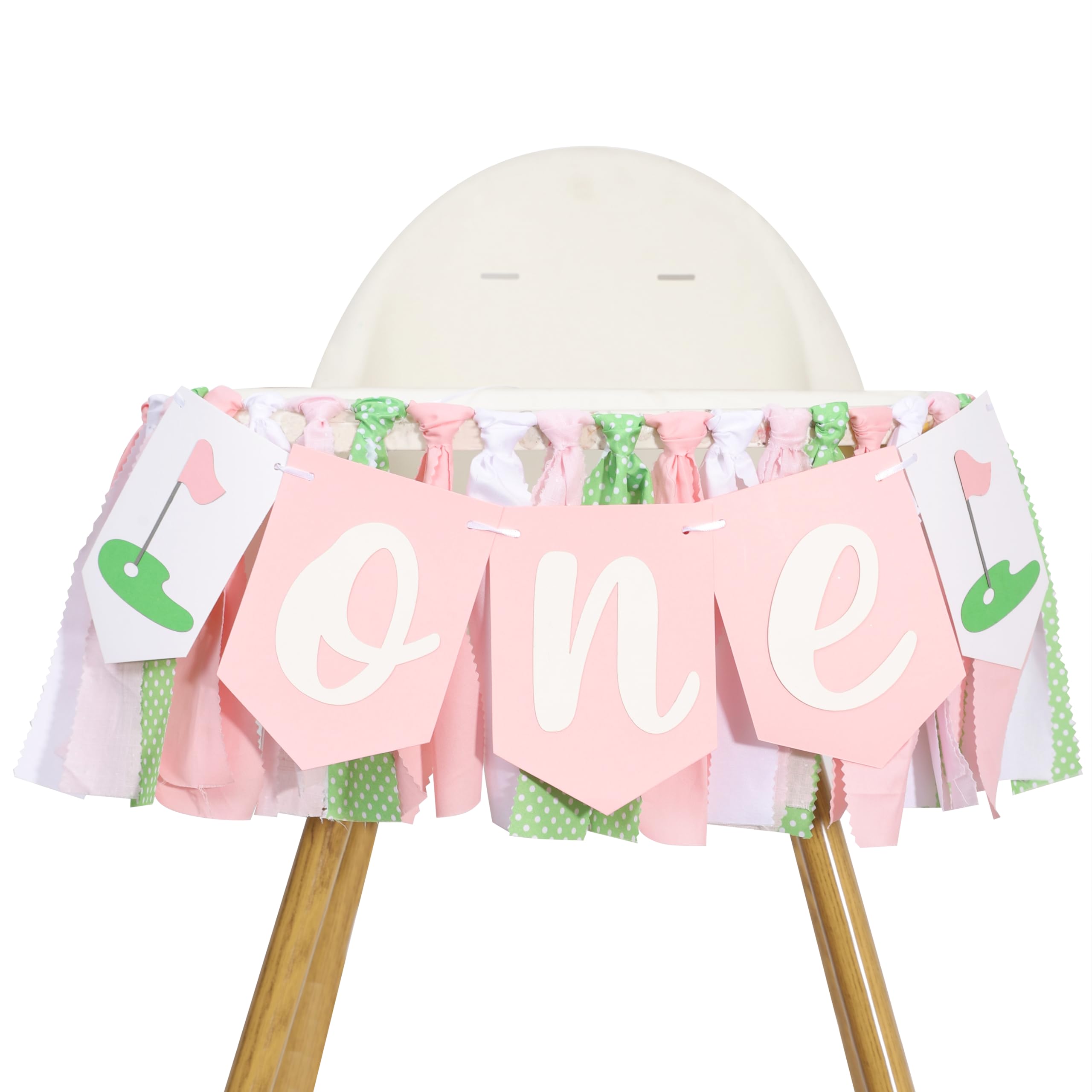 Golf 1st Birthday Decorations For Girls - Hole In One High Chair Banner,Sports Themed First Birthday Photo Props,Golf Pink Green Ribbon One Banner,Baby Girl Smash Cake Backdrop Highchair Banner