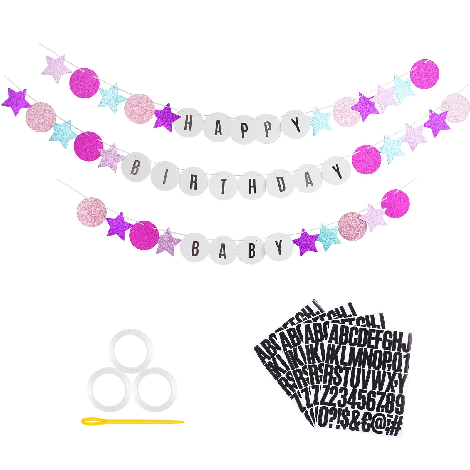 Customizable Friendship Bracelet Birthday Banner with 4 Black Letter Stickers - Pink & Purple Sparkle, Mermaid or Musical Birthday Bash Banner for Girls in My Birthday Era Singer Celebration