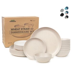 grow forward 24-piece premium wheat straw dinnerware sets for 8 - dinner plates, dessert plates, cereal bowls - unbreakable microwave safe plastic plates and bowls sets, rv, camping dishes - sahara