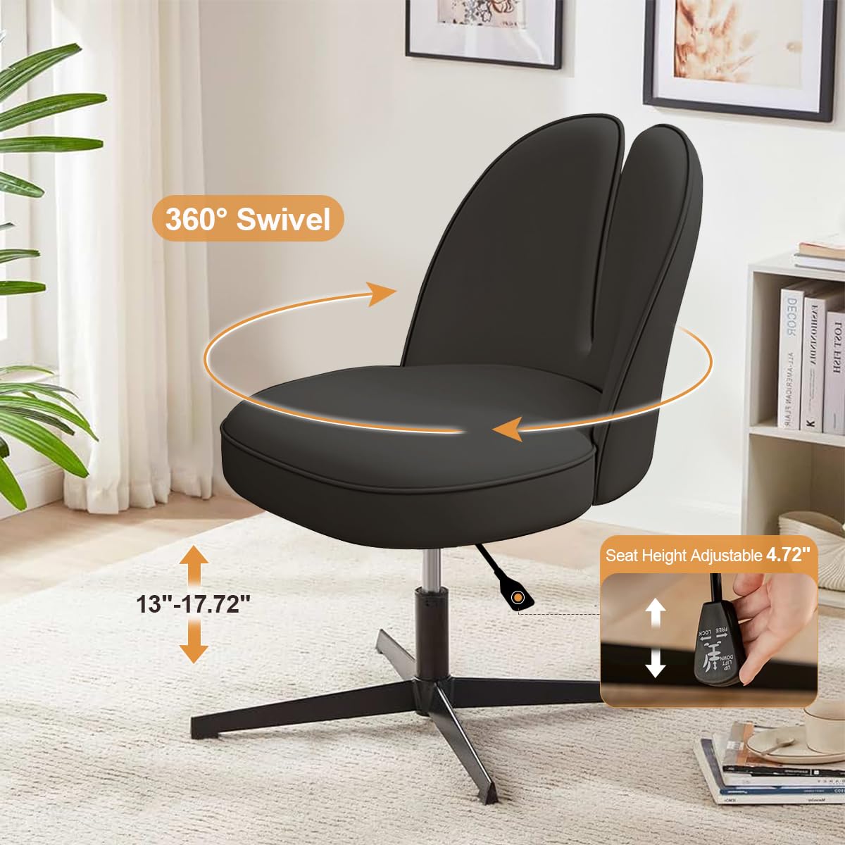 XUEGW Cute Desk Chair No Wheels Office Chair Armless Computer Task Chair Height Adjustable PU Leather Vanity Chairs Swivel Makeup Bedroom Chair for Home Office, Black