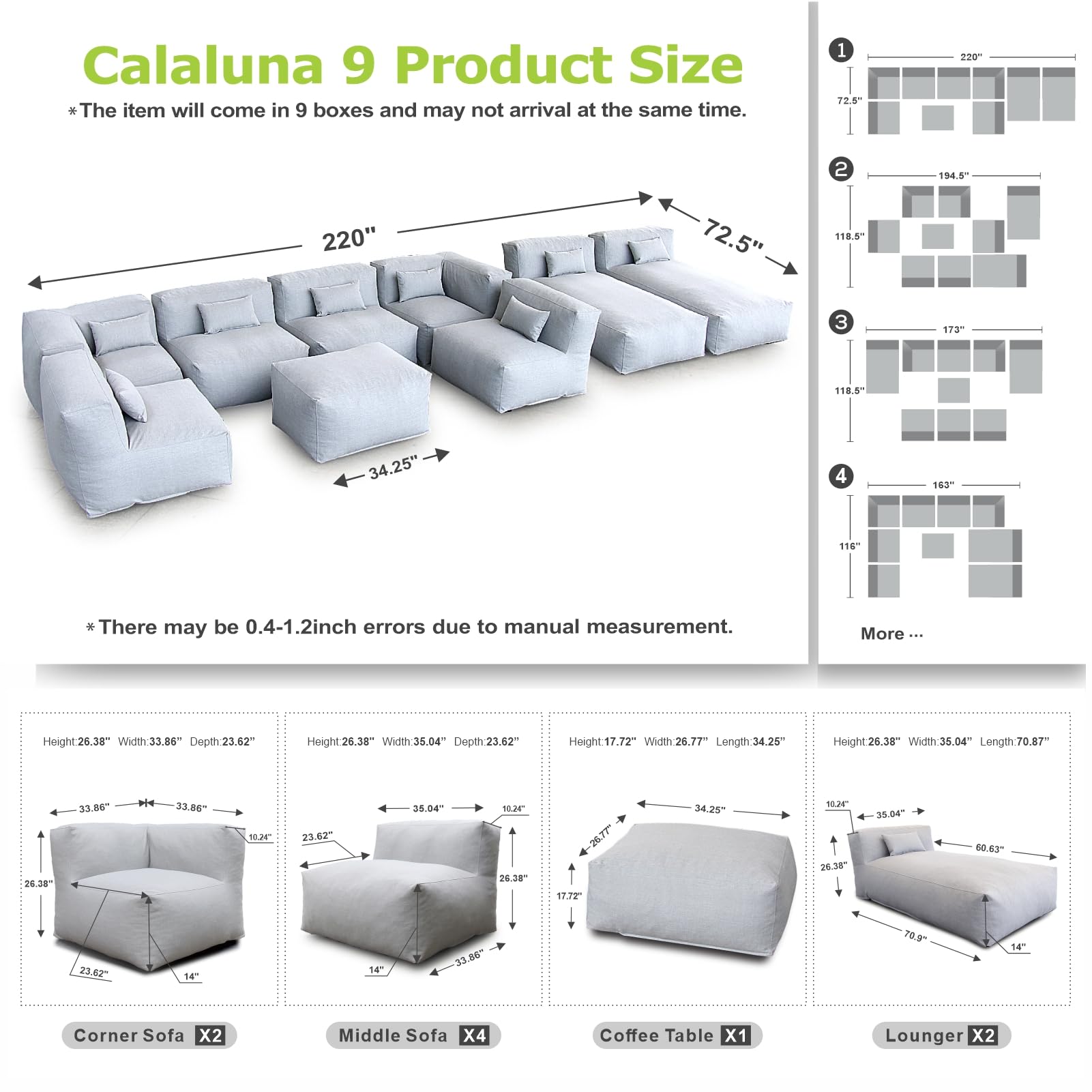 OPEAK Patio Furniture Set Bean Bag Eraclea 9C Outdoor Chairs Sectional Conversation Patio Set Daybed Furniture Outdoor Sofa Couch High Density Foam Filling Modern Comfy Patio Couch (Light Gray)