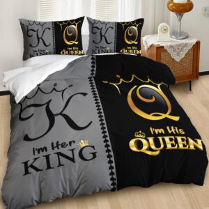 AILONEN Grey and Black Duvet Cover Set King Size, K and Q Printed Crown Couple Bedding Set Gifts,3 Piece His Her Themed Lightweight Microfiber Comforter Cover with 2 Pillowcases