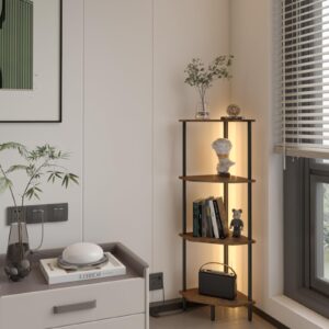 4 Tier Corner Shelf with LED Light,Tall Corner Wall Shelf, Display Shelf,Narrow Bookshelf,The Classic Combination of Rustic Brown and Black Standing Shelf,Suitable for Bedroom,Living Room,Kitchen