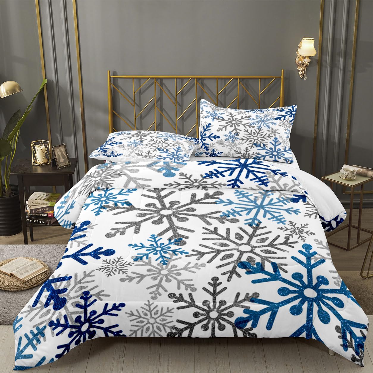 Yilinata Blue Snowflake Comforter Set Winter Christmas Frozen Printed Quilt Bedding Set with 1 Comforter and 2 Pillow Covers for Bedroom Dormroom All Season King 104x90inches