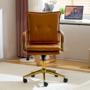 mid-back ergonomic leather office chair, modern upholstered executive desk chair with gold frame armrest computer task chair (camel)