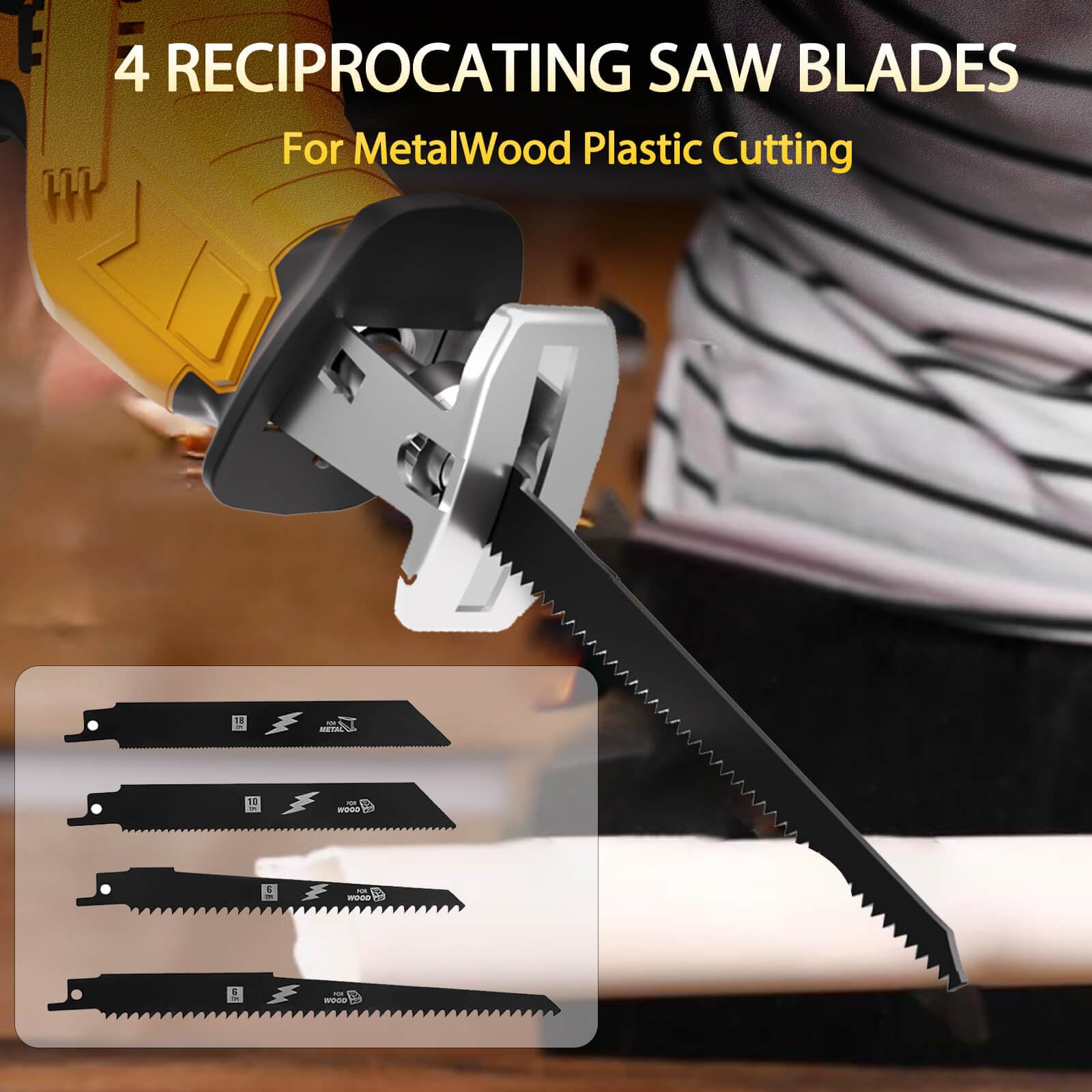 Cordless Reciprocating Saw Compatible With Dewalt 20V Max Battery, Electric Reciprocating Saw Variable Speed 0-3500 SPM, 4 Saw Blades,Power Reciprocating Saws for Wood/Metal/PVC Cutting