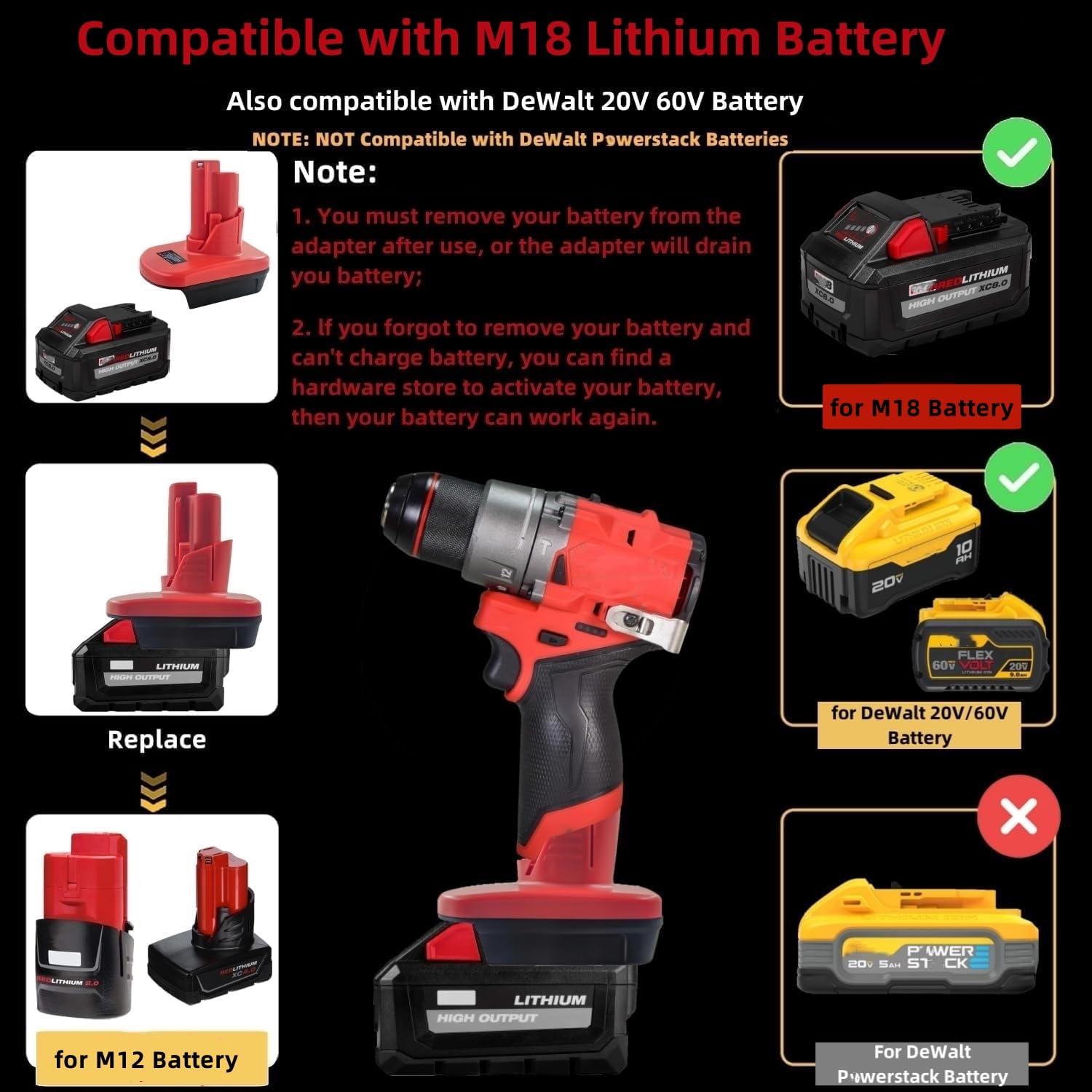 for Milwaukee Battery Adapter (Convert for M18 to for M12 Battery)