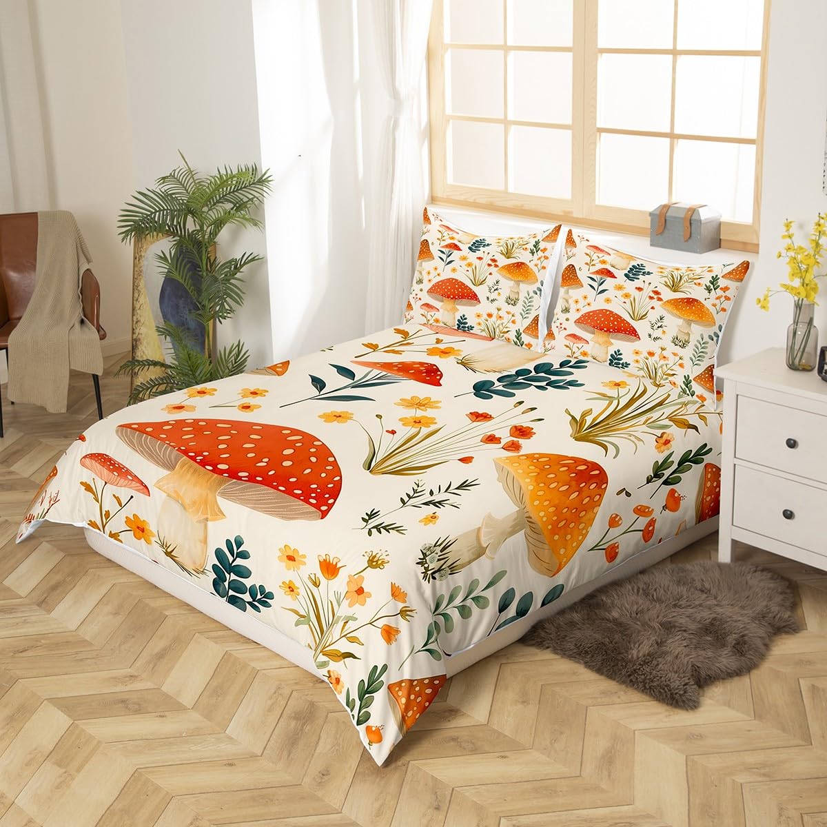 Feelyou Mushroom Bedding Set Natural Wild Fungus Duvet Cover for Kids Boys Girls Plant Botanical Boho Comforter Cover Wild Mushroom Bedspread Cover Queen Size