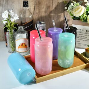 16oz Plastic Mason Jars, 6Pack Mason Drinking Acrylic Cups with Plastic Lids and Stainless Steel Straws Iced Coffee Cups Shatterproof Unbreakable Tumblers for Smoothies, Beer, Coffee, Jelly Color