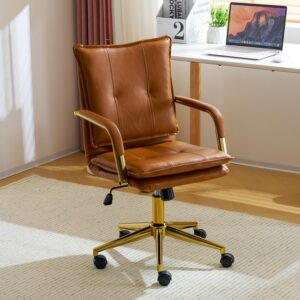 Mid-Back Ergonomic Leather Office Chair, Modern Upholstered Executive Desk Chair with Gold Frame Armrest Computer Task Chair (Camel)