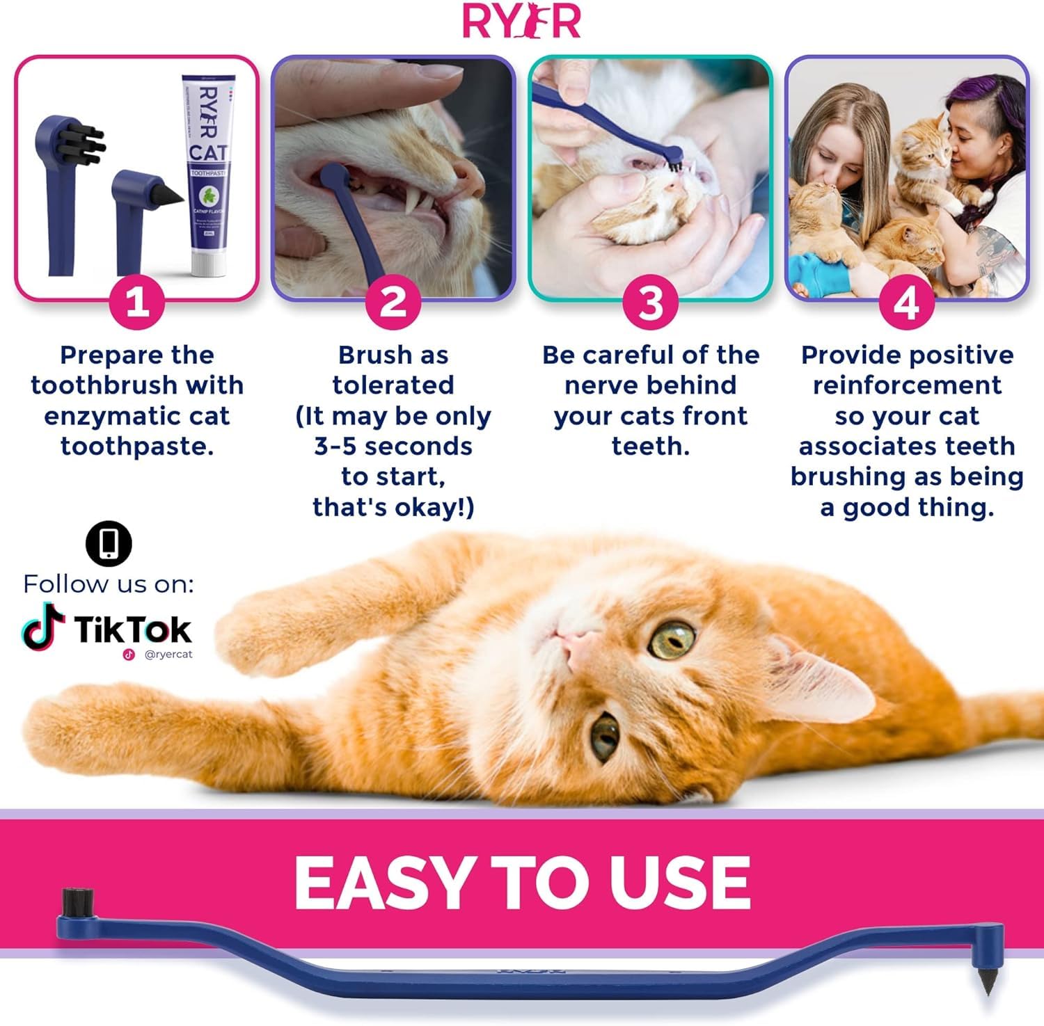 RYERCAT Set of Dual Sided Cat Toothbrushes - Kitten Toothbrush with Micro Head to fit into Kittens Mouth - Cat Dental Care Supplies Pet Toothbrush for Cats (Flamingo Pink and Space Blue)