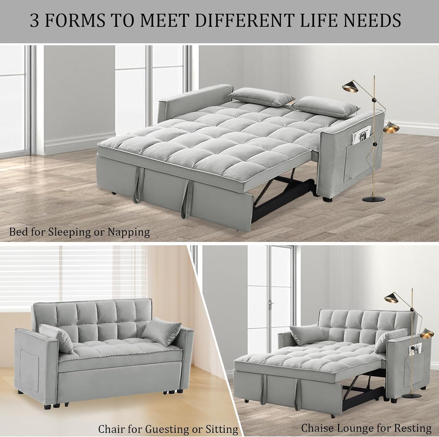 SPOWAY 3 in 1 Sleeper Sofa Couch Bed, Velvet Convertible Loveseat Sleeper Sofa with 3 Level Adjustable Backrest, Storage Pockets, Toss Pillows, Pull Out Loveseat Sleeper for Living Room, Grey