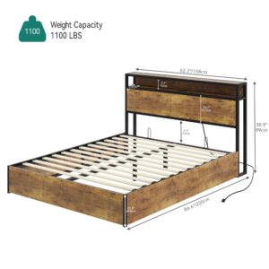 DWVO Queen Size Lift-Up Storage Bed Frame, LED Lighted Bed Frame with Storage Shelf, Platform Bed with Charging Station, Sturdy Wooden Slats, No Box Spring Needed (Brown)