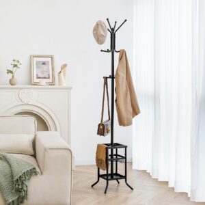 Yoobure Coat Rack Freestanding, Coat Tree with Umbrella Holder, Metal Coat Rack Stand with 12 Hooks, Modern Coat Hanger Stand for Entryway, Purse Rack Hat Rack Stand for Living Room Bedroom Office