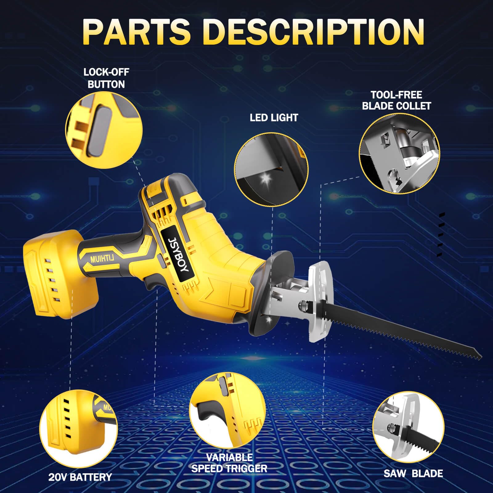 Cordless Reciprocating Saw Compatible With Dewalt 20V Max Battery, Electric Reciprocating Saw Variable Speed 0-3500 SPM, 4 Saw Blades,Power Reciprocating Saws for Wood/Metal/PVC Cutting