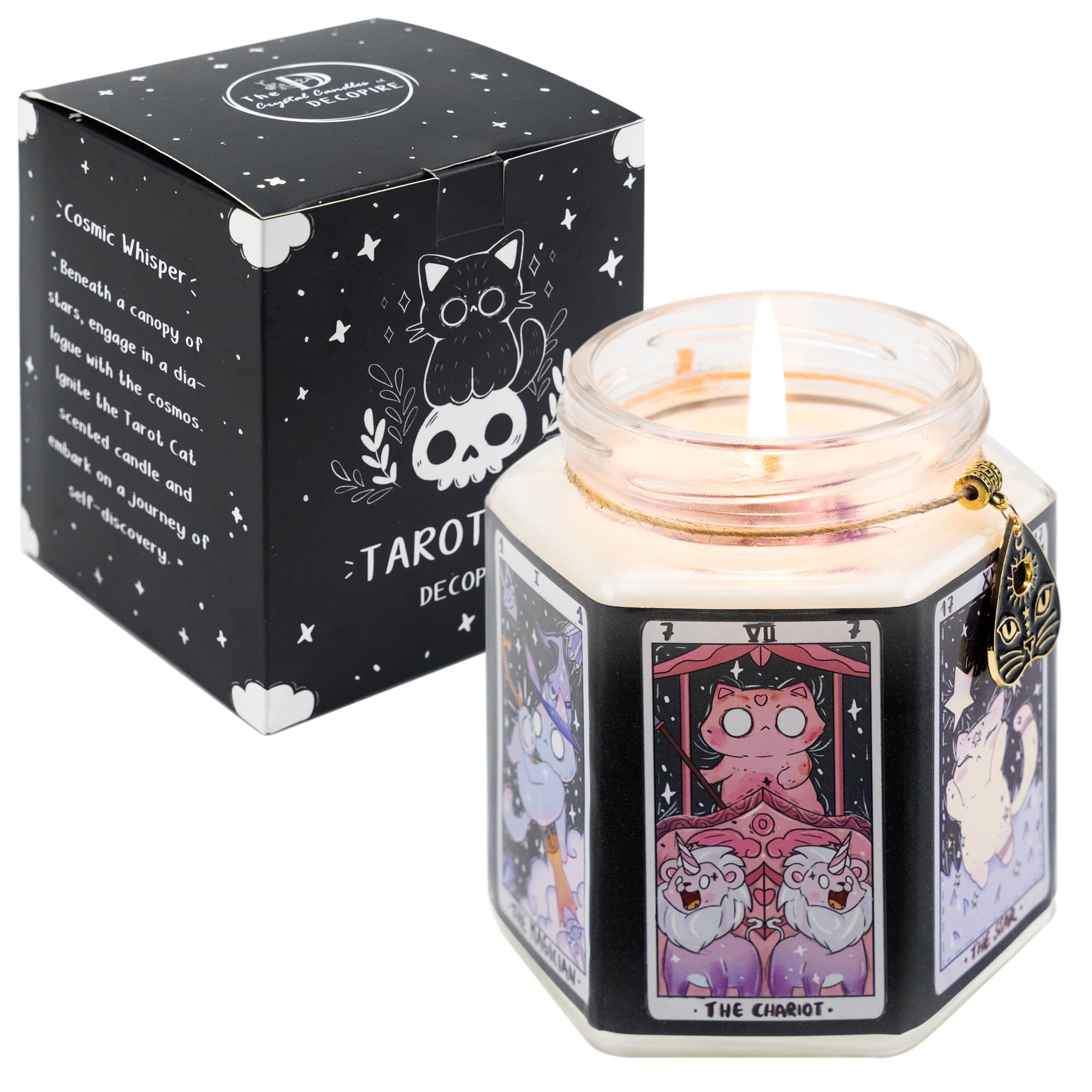 DECOPIRE Tarot Cat Protection Crystal Candle, Handcrafted, Amethyst & Dry Flowers, Amber & Sandalwood Scent, for Birthdays, Witchcraft, Relaxation