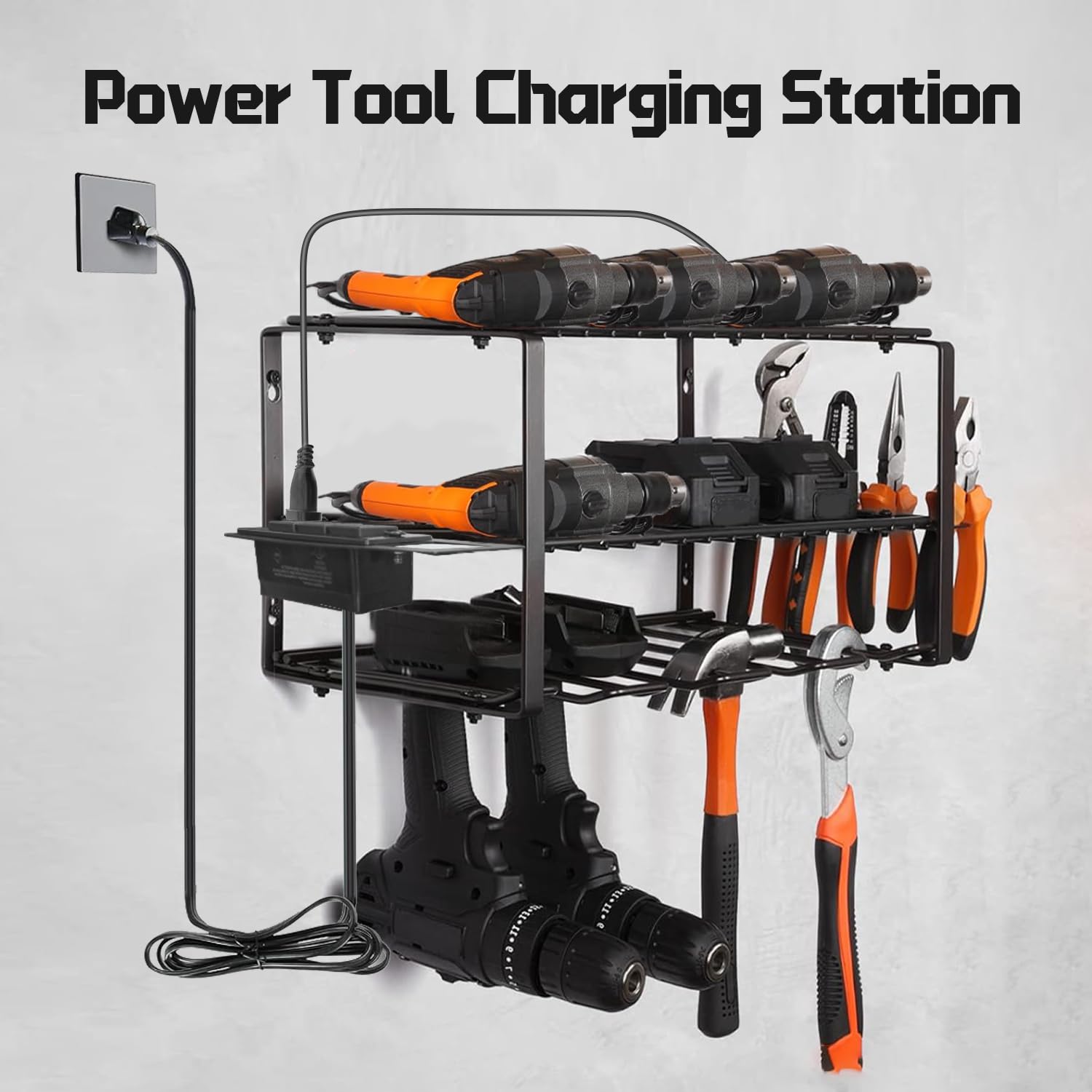 3-Tier Power Tool Organizer, Wall Mount Tool Holder with Charging Station, 4 Drill Holder Heavy Duty Metal Tool Shelf for Tool Storage Garage Workshop Tool Rooms