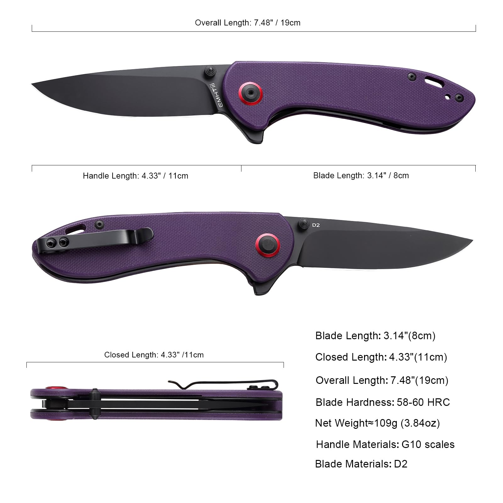 EMHTiii D2 Pocket Knife Folding Knives: 3.14" Stainless Steel Satin Blade, G10 Scales with Reversible Clip, Flipper Liner Lock, Great EDC Gifts for Men Women Camping Hiking Outdoor, Purple