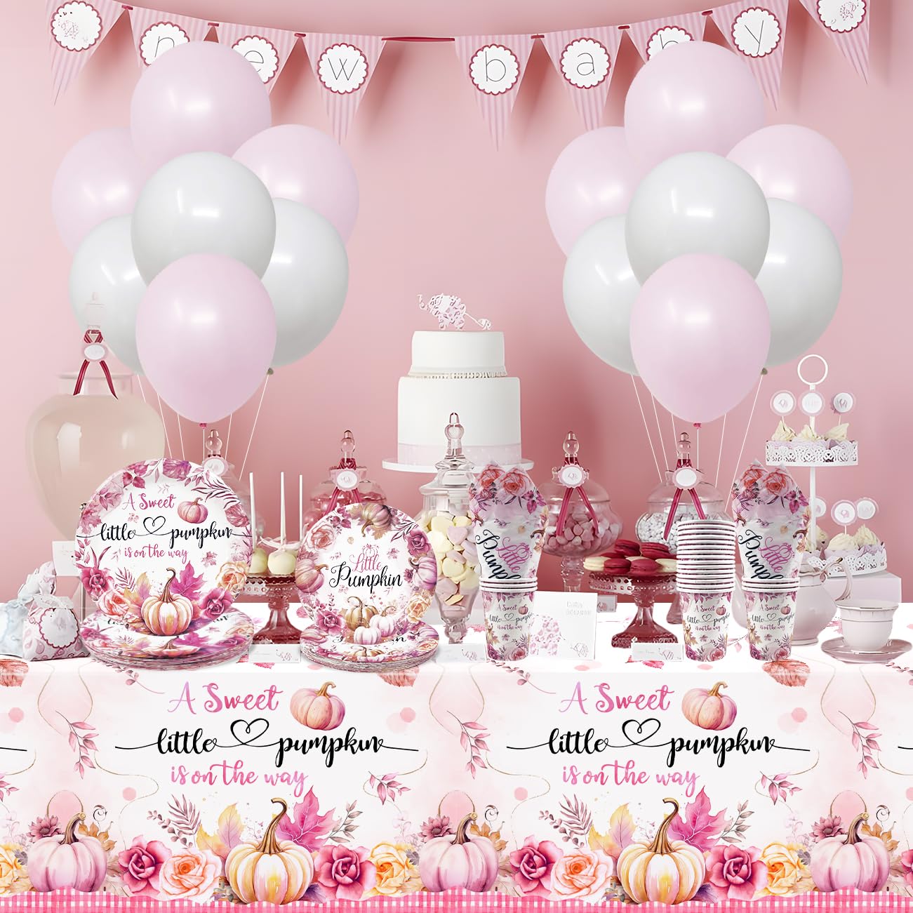 Little Pumpkin Baby Shower Decorations Happy Fall a Little Pumpkin Is On The Way Tableware Set Serves 30 Guests with Pink Fall Pumpkin Plates,Napkins and Cups, Plastic Tablecloth for Girl Baby Shower