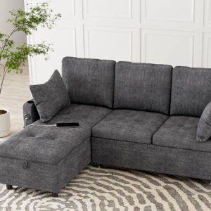 TTGIEET Pull Out Couch with Reversible Storage Chaise, L Shape Sleeper Sofa with 2 USB Port & Cup Holders, 2 in 1 Convertible Sofa Bed with 2 Pillows for Living Room (Dark Grey, Chenille)