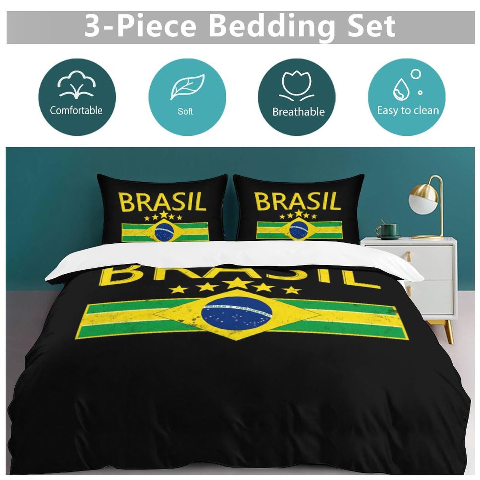 Cisdanoty Brazil Flag Pride Star Bedding Comforter Sets Lightweight Ultra Soft Comforter Bedding Set 3 Pieces (1 Duvet Cover, 2 Pillowcases) with Zipper Closure