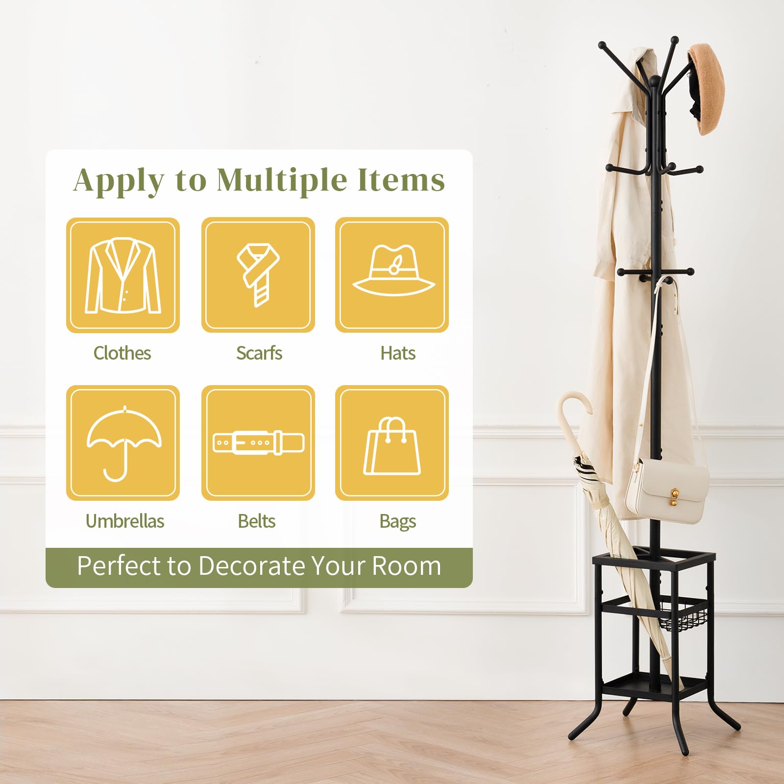 Yoobure Coat Rack Freestanding, Coat Tree with Umbrella Holder, Metal Coat Rack Stand with 12 Hooks, Modern Coat Hanger Stand for Entryway, Purse Rack Hat Rack Stand for Living Room Bedroom Office