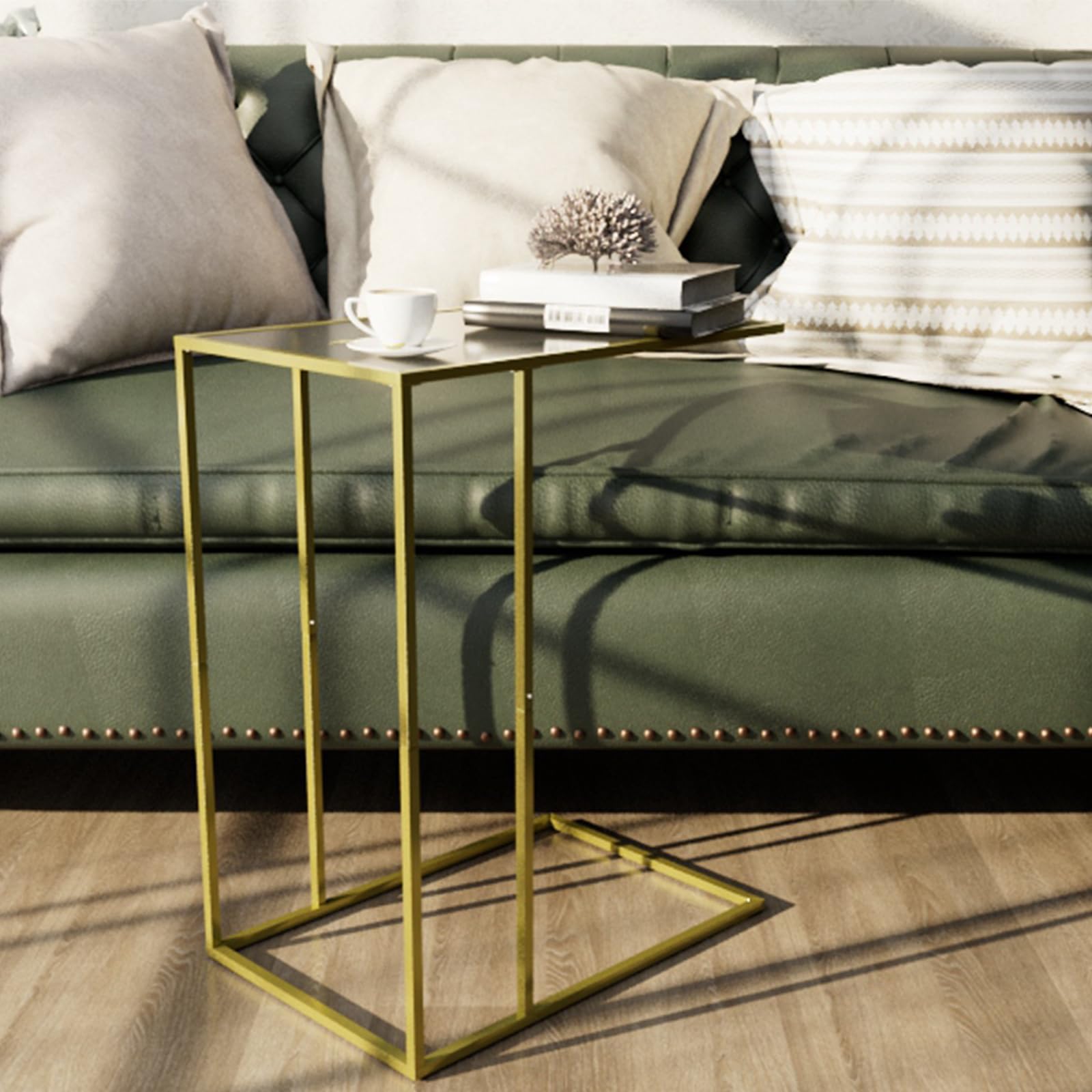 C Shaped End Side Table Set of 2,Couch Sofa Table for Small Space,Tempered Glass Snack Side Table with Metal Frame for Living Room, Bedroom, Bedside, Modern Style, Gold