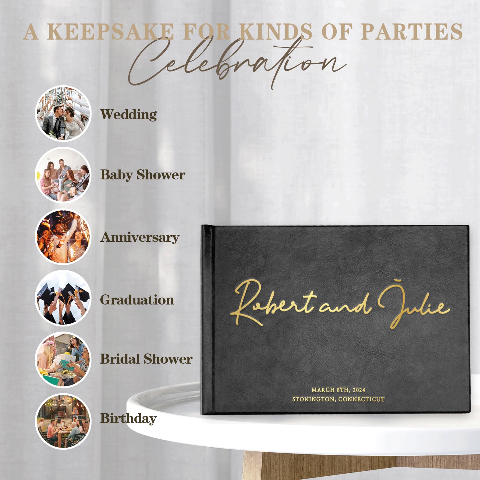 Personalized Wedding Guest Book, Elegant Hardcover Guest Sign in Book for Wedding Reception, Birthday, Graduation Party, Bridal & Baby Shower, Custom Guestbook with Gilded Edges & Gold Metallic Foil