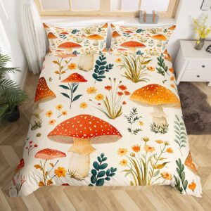 Feelyou Mushroom Bedding Set Natural Wild Fungus Duvet Cover for Kids Boys Girls Plant Botanical Boho Comforter Cover Wild Mushroom Bedspread Cover Queen Size