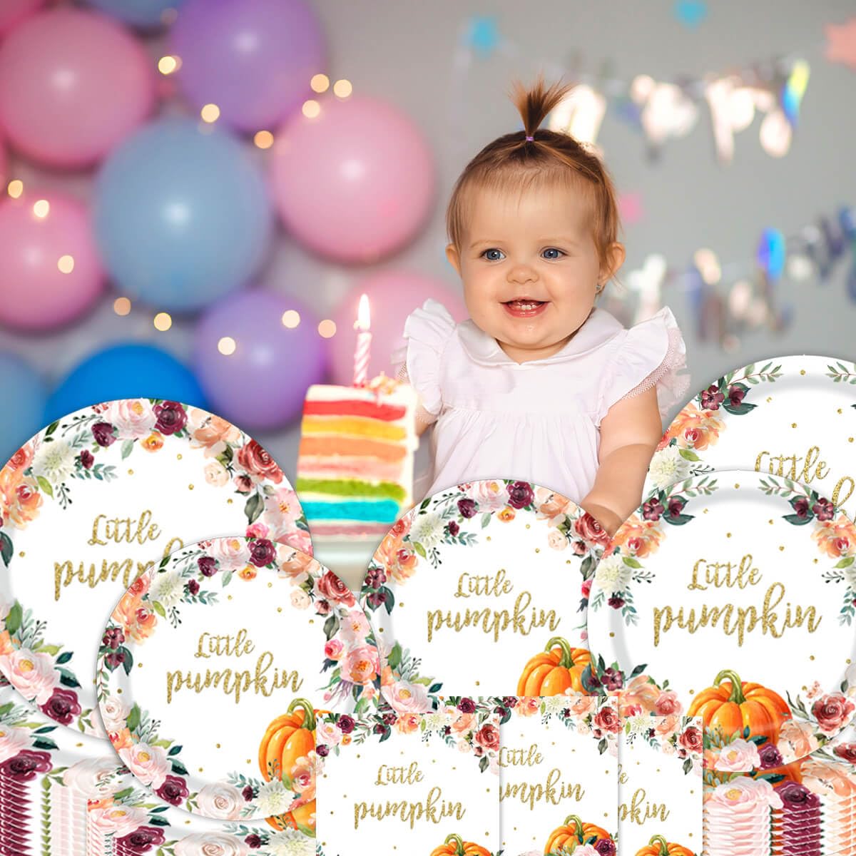 96pcs Little Pumpkin Girl Party Decorations Fall Autumn Floral Baby Shower Happy 1st Birthday Party Tableware Set 24 Guests Thanksgiving Dinner Dessert Plates and Napkins Party Supplies