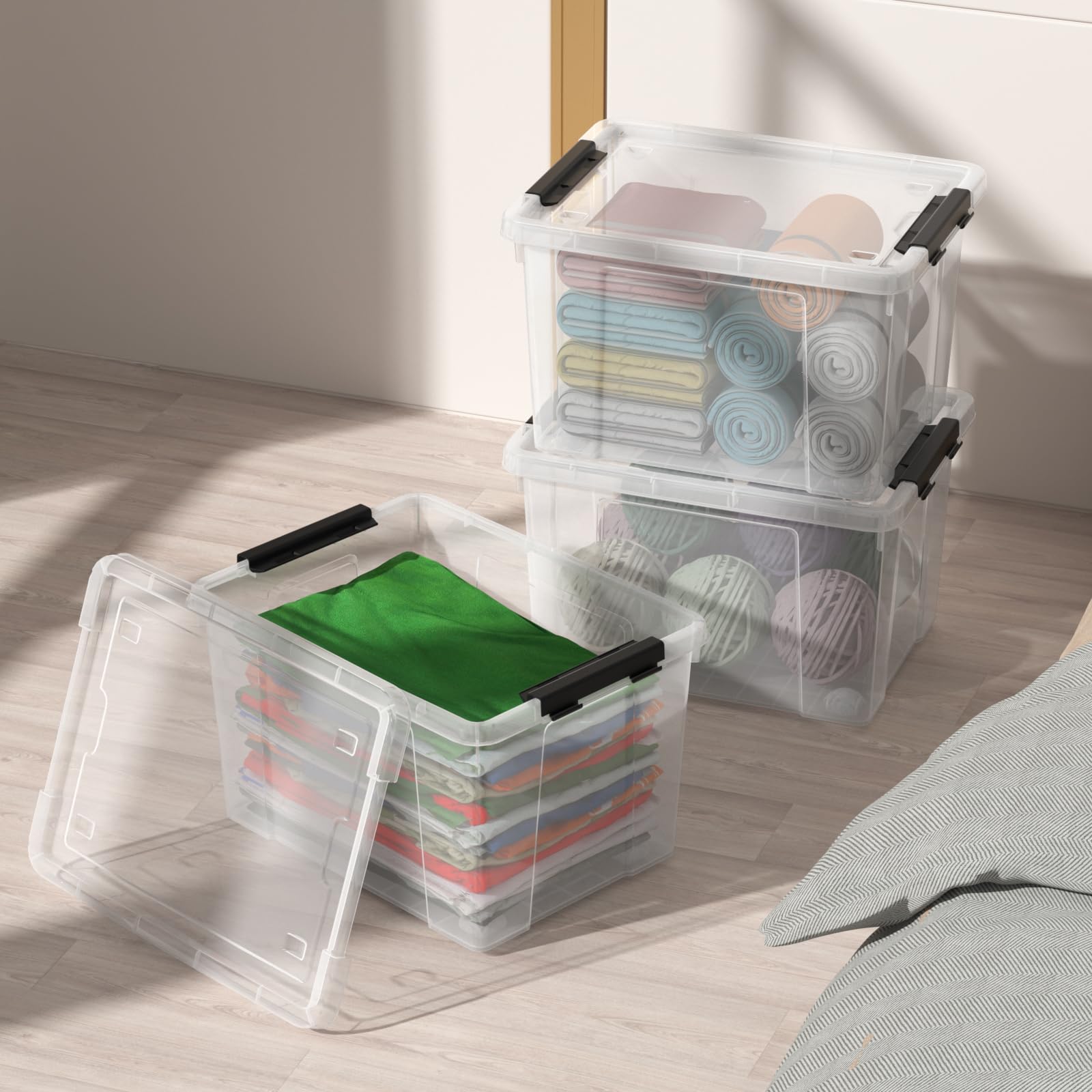 Parlynies 4 Pack 23 L Plastic Latching Storage Box with Wheels, Stackable Container Bin with Lids, Clear