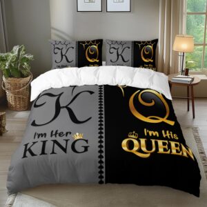 AILONEN Grey and Black Duvet Cover Set King Size, K and Q Printed Crown Couple Bedding Set Gifts,3 Piece His Her Themed Lightweight Microfiber Comforter Cover with 2 Pillowcases