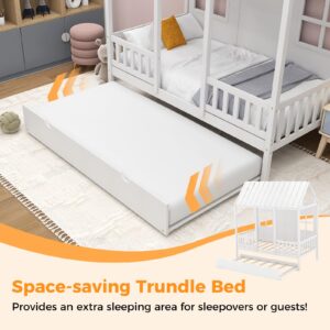 KOMFOTT Twin Size House Bed with Trundle, Wood Kid’s House Bed Frame with Roof, Windows, Fence Rails, Playhouse Bed Frame with Sturdy Bed Slats for Boys & Girls, No Box Spring Needed (White, Twin)