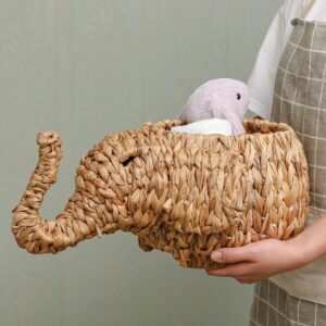 Synovana Rattan Storage Basket Elephant Wicker Storage Basket Animal Shaped Handwoven Water Hyacinth Rattan Storage Basket Organizer for Bedroom Living Room Laundry Room - Elephant