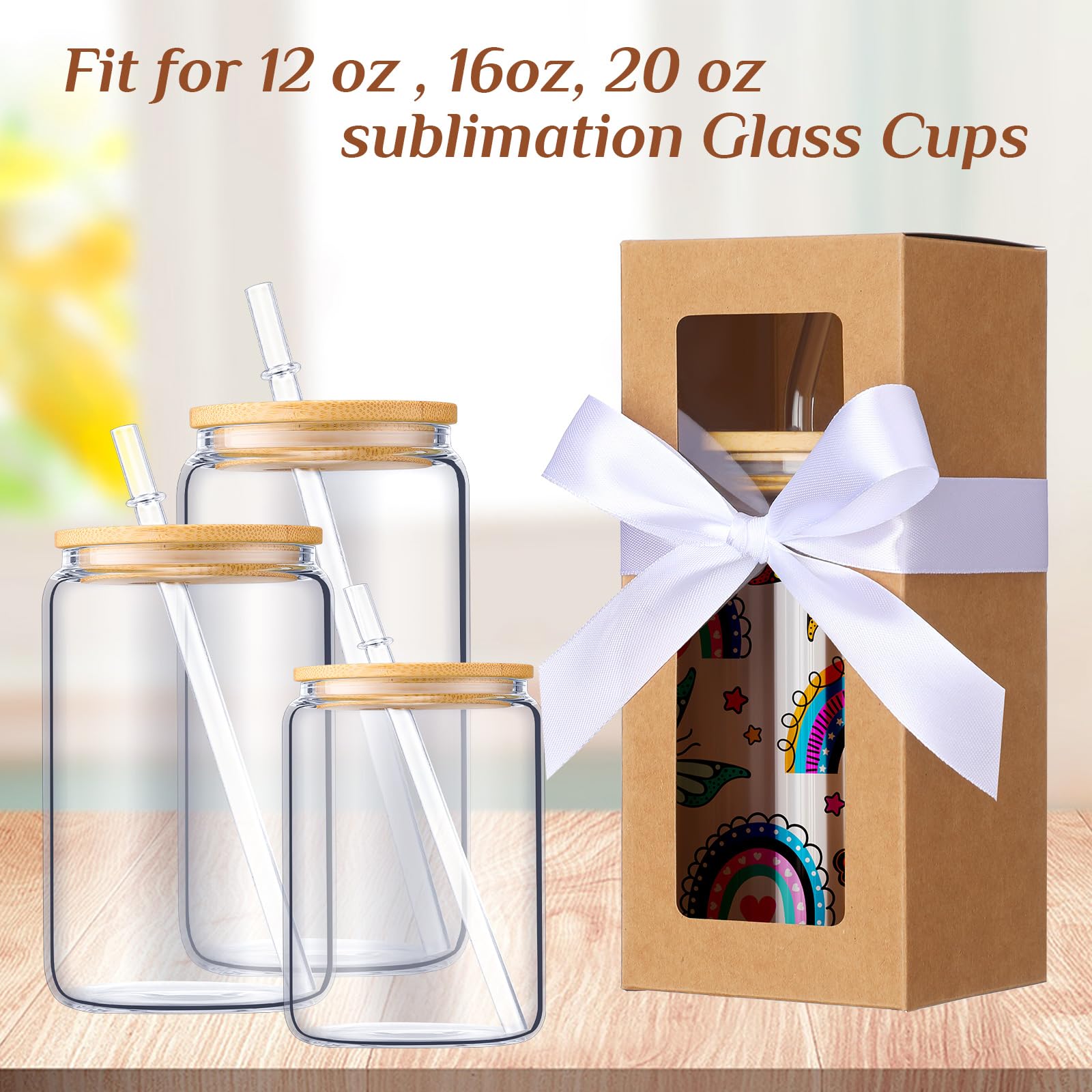 FillTouch 60 Pcs Gift Boxes with Ribbon for Sublimation Glass Exhibition Boxes Transparent Gift Box for 12oz 16oz 20oz Drinking Glasses Jar Sublimation Glass Can Blank Tumbler Gift Box (Brown)