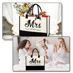 Mrs 2024 Bride Canvas Tote Bag with Bride Makeup Bag, Bride Gifts Bride Bag Tote for Wedding Bridal Shower Bachelorette Party Engagement Honeymoon, Miss to Mrs Bag, Bride to Be Gifts, Future Mrs Gifts