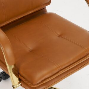 Mid-Back Ergonomic Leather Office Chair, Modern Upholstered Executive Desk Chair with Gold Frame Armrest Computer Task Chair (Camel)