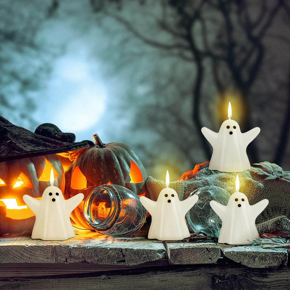 AKEROCK 10 PCS Halloween Ghost Candles, 2.75 x 2.36 Inches Cute Halloween Decorations Indoor for Table, Mantel, Desk, Kitchen Coffee Bar - Spooky Halloween Ghost Decor for Halloween Party Decorations