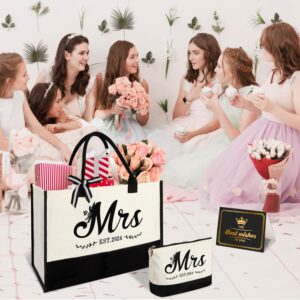 Mrs 2024 Bride Canvas Tote Bag with Bride Makeup Bag, Bride Gifts Bride Bag Tote for Wedding Bridal Shower Bachelorette Party Engagement Honeymoon, Miss to Mrs Bag, Bride to Be Gifts, Future Mrs Gifts