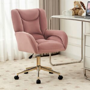 foxhunter home office desk chair, 360 swivel velvet desk chair with gold base upholstered adjustable swivel task chair, modern swivel rolling chair for living room bedroom (velvet, pink)