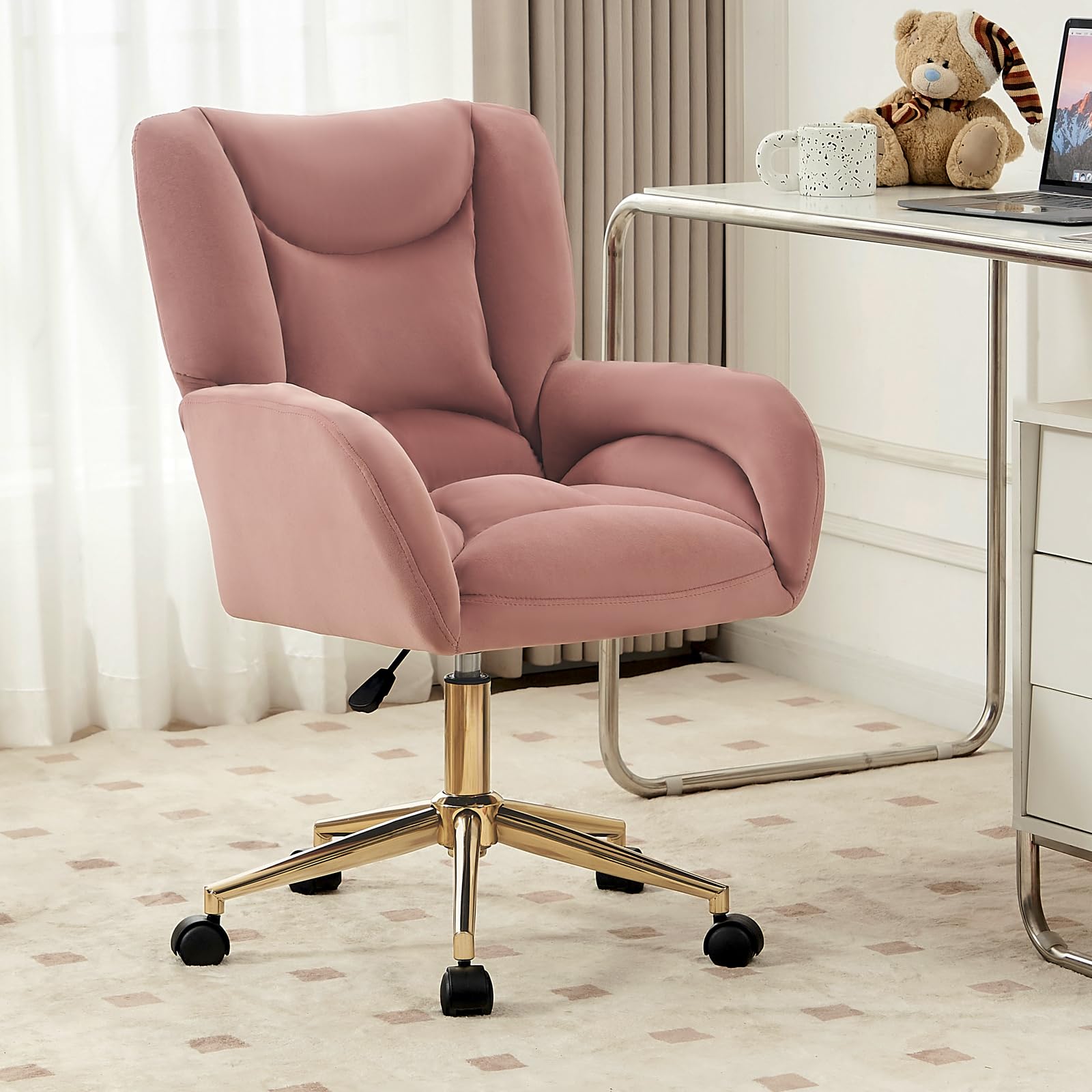 FOXHUNTER Home Office Desk Chair, 360 Swivel Velvet Desk Chair with Gold Base Upholstered Adjustable Swivel Task Chair, Modern Swivel Rolling Chair for Living Room Bedroom (Velvet, Pink)