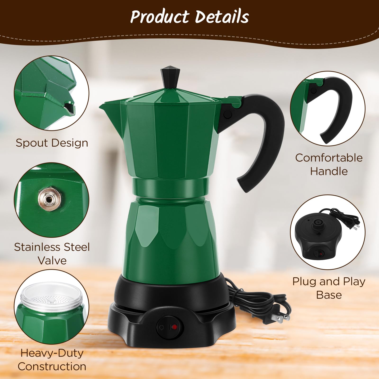 Lemosae Coffee Pot 6 Cup Electric Espresso Coffee Maker Italian Moka Maker 300ml Portable Aluminum Espresso Maker Espresso Moka Pot with Detachable Base, Coffee Gift for Home Travel (Dark Green)