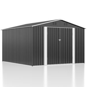 AirWire 10x10 FT Outdoor Storage Shed, Garden Shed with Updated Frame Structure and Lockable Doors, Metal Tool Sheds for Backyard Garden Patio Lawn, Grey