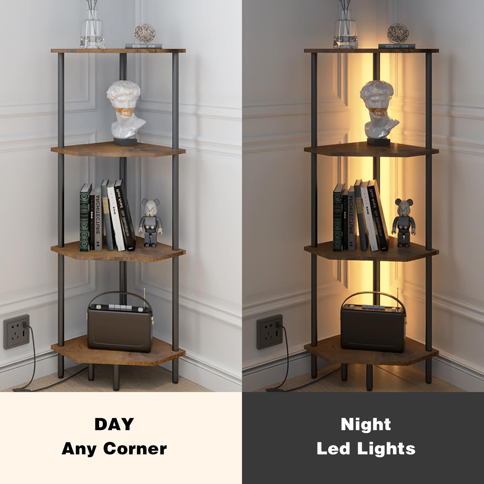 4 Tier Corner Shelf with LED Light,Tall Corner Wall Shelf, Display Shelf,Narrow Bookshelf,The Classic Combination of Rustic Brown and Black Standing Shelf,Suitable for Bedroom,Living Room,Kitchen