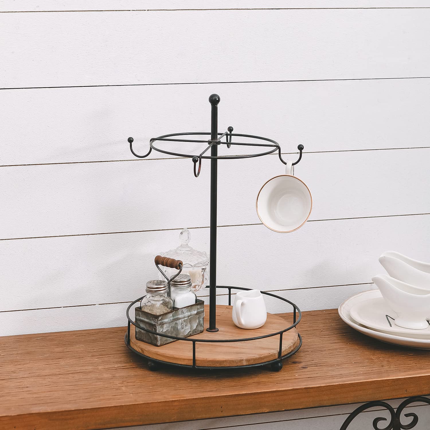 Synovana Farmhouse Coffee Mug Holder with Wood Tray, Rustic Coffee Cup Holder Tree, Coffee Mug Rack Organizer with 4 Hooks for Kitchen Countertop Coffee Bar - 16.14" x 11.02"