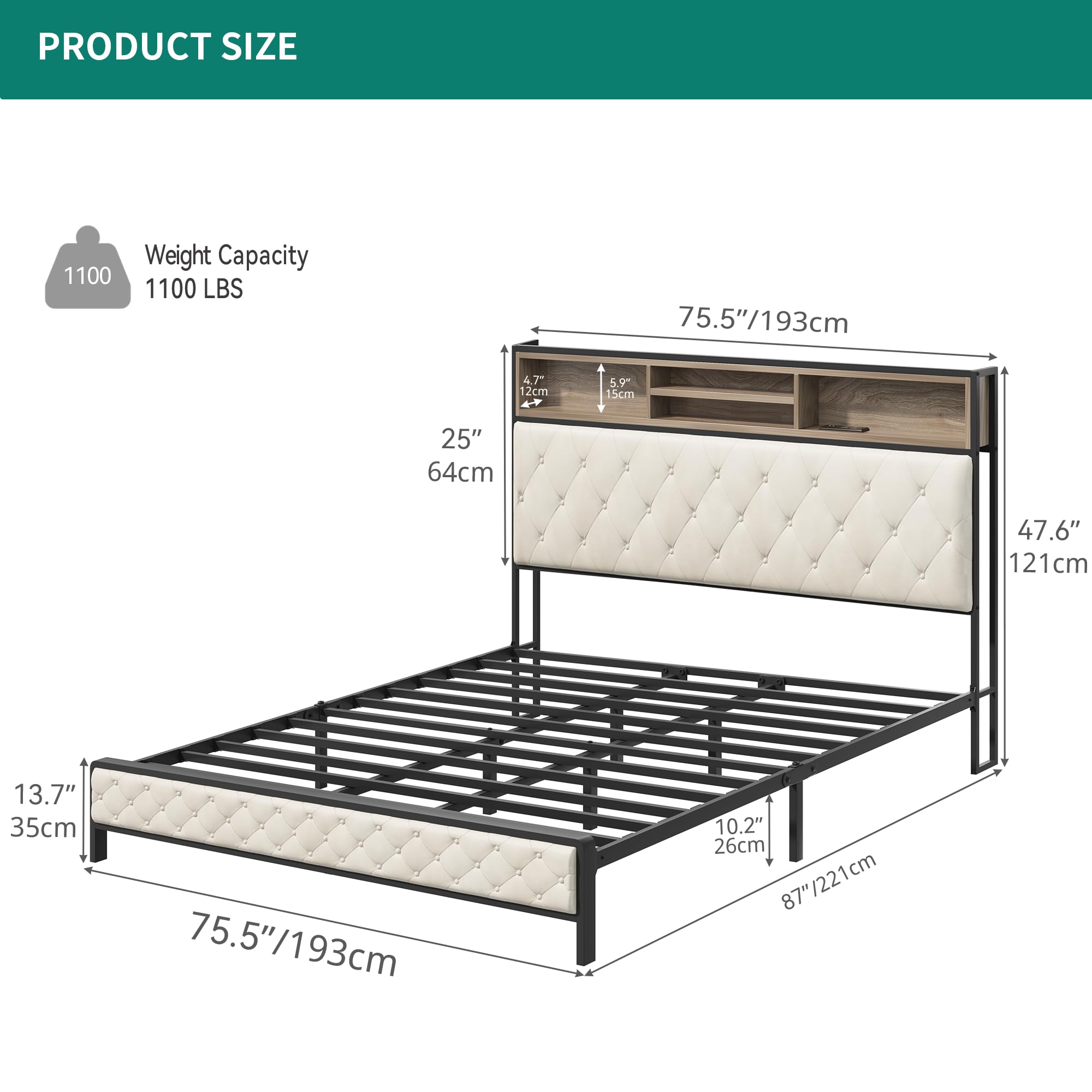 DWVO King Bed Frame with Built-in Charging Station, Platform Bed Frame with Upholstered Storage Headboard & Footboard, Sturdy Metal Slats, No Box Spring Required (Beige)